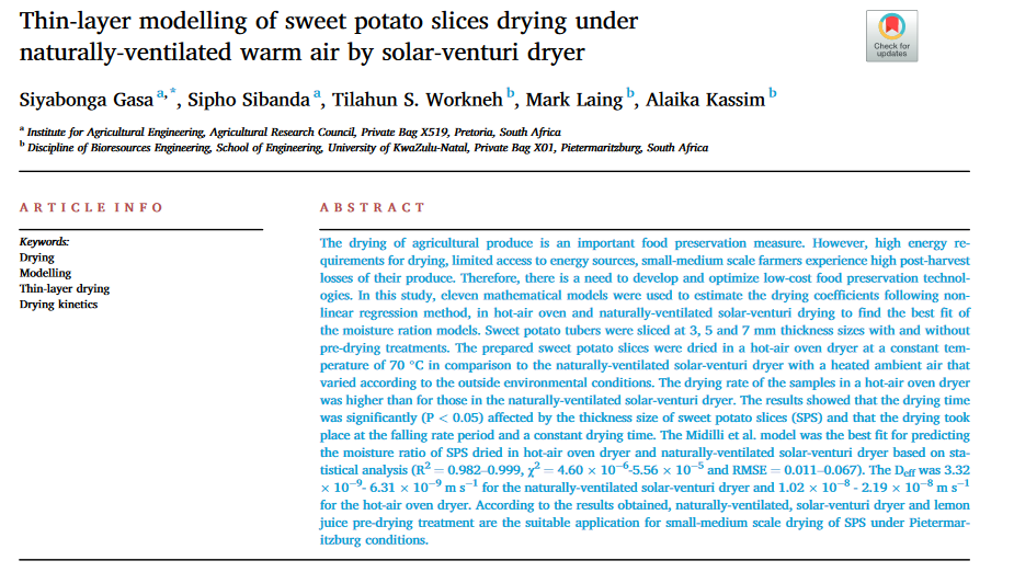 Thin-layer modelling of sweet potato slices drying under naturally-ventilated warm air by solar-venturi dryer-image