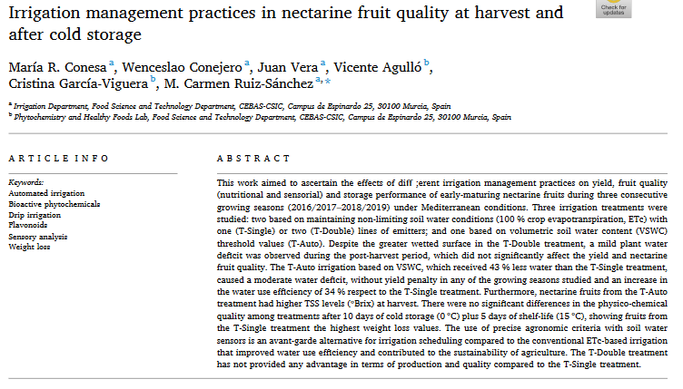 Pratiche di gestione dell'irrigazione nella qualità della frutta nettarina alla raccolta e dopo la conservazione a freddo-image