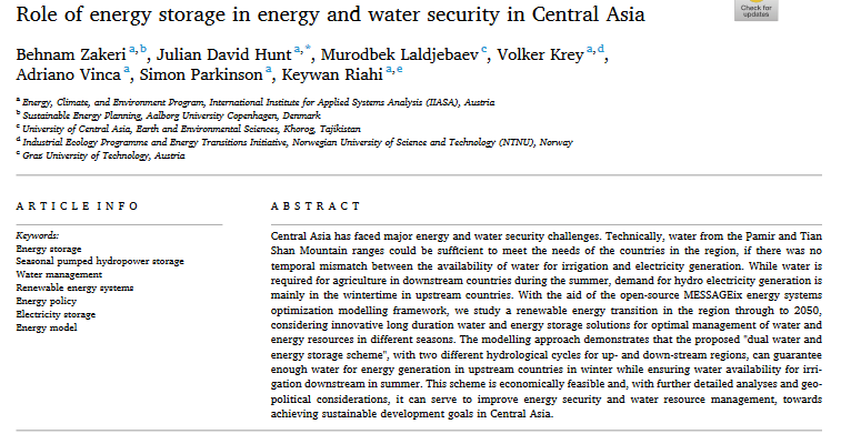 Role of energy storage in energy and water security in Central Asia-image