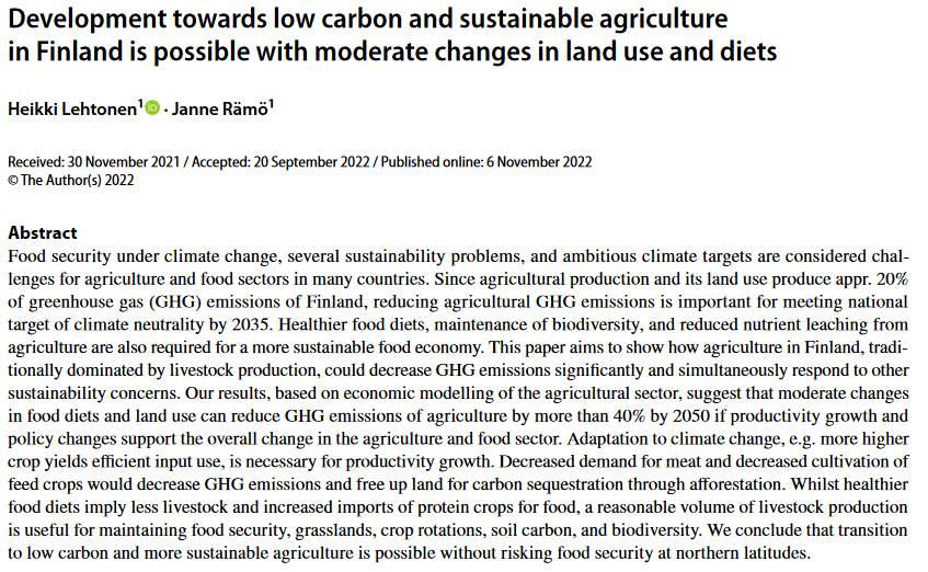 Development towards low carbon and sustainable agriculture in Finland is possible with moderate changes in land use and diets-image