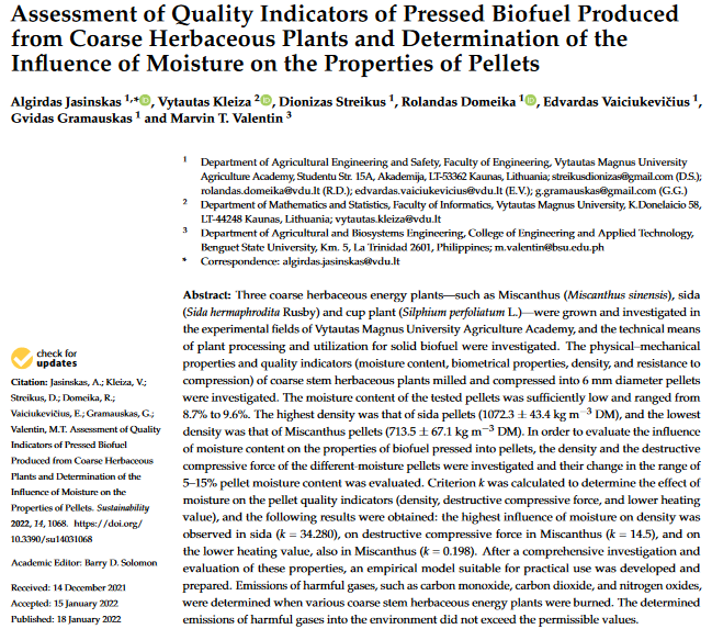 Assessment of Quality Indicators of Pressed Biofuel Produced from Coarse Herbaceous Plants and Determination of the Influence of Moisture on the Properties of Pellets-image