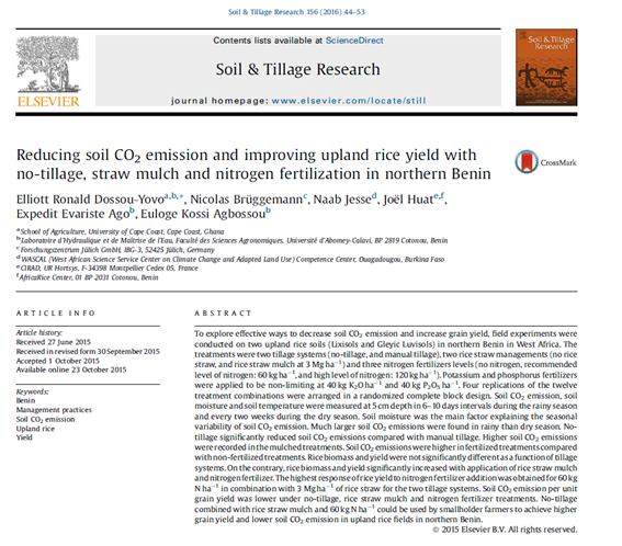 Reducing soil CO2 emission and improving upland rice yield with no-tillage, straw mulch and nitrogen fertilization in northern Benin-image