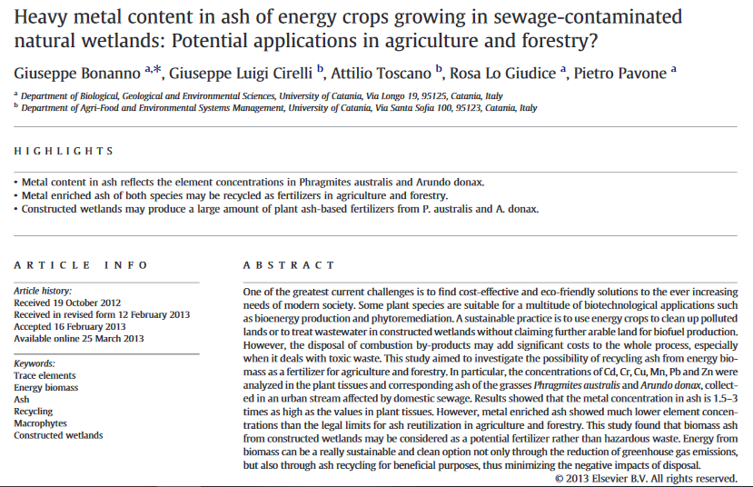 Heavy metal content in ash of energy crops growing in sewage-contaminated natural wetlands: Potential applications in agriculture and forestry?-image