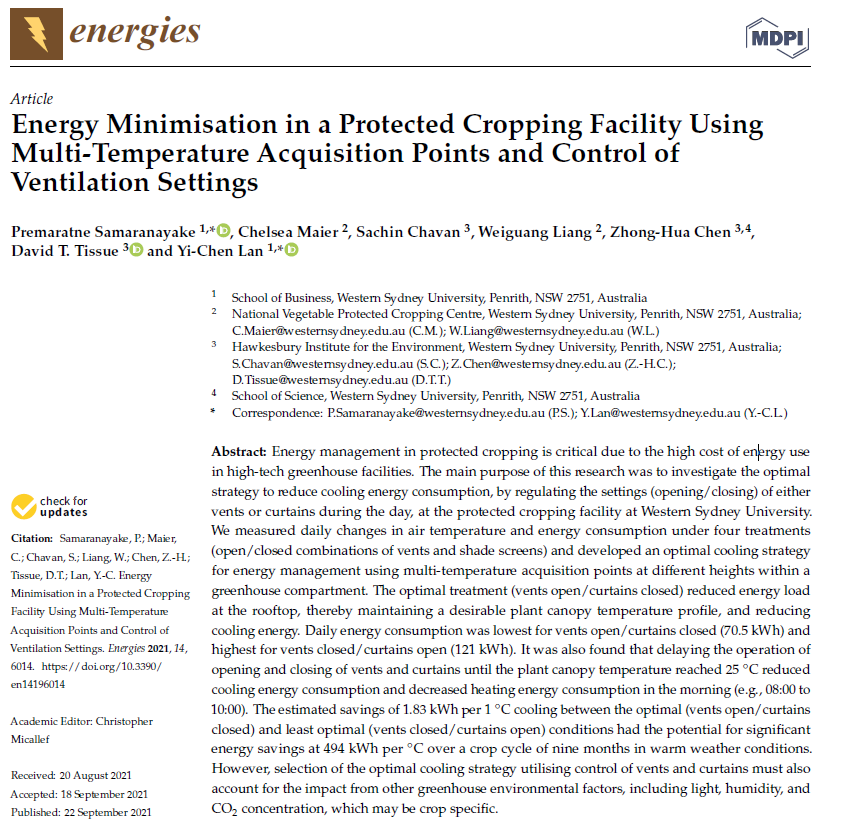 Energy Minimisation in a Protected Cropping Facility Using Multi-Temperature Acquisition Points and Control of Ventilation Settings-image