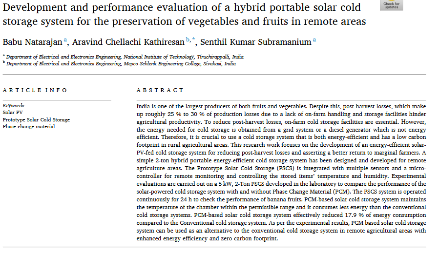 Development and performance evaluation of a hybrid portable solar cold storage system for the preservation of vegetables and fruits in remote areas-image