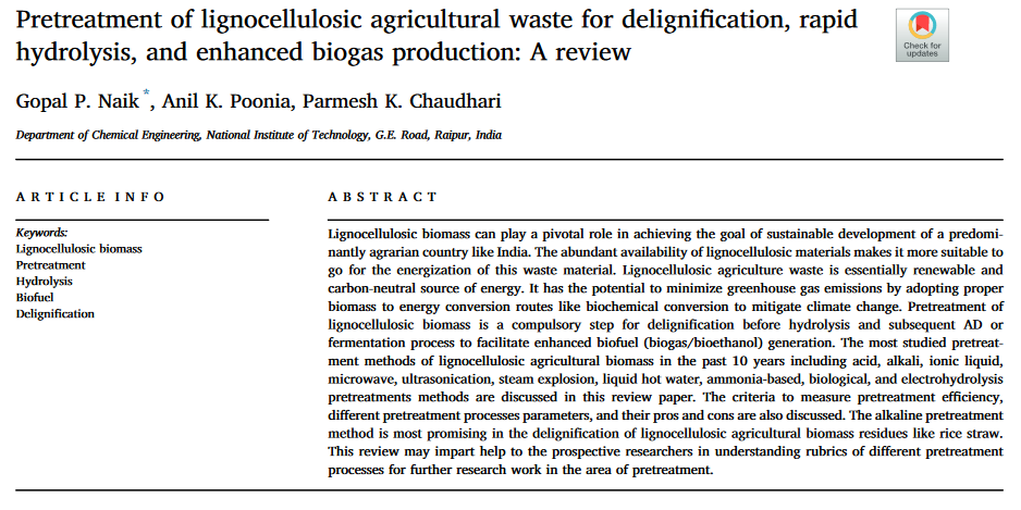 Pretreatment of lignocellulosic agricultural waste for delignification, rapid hydrolysis, and enhanced biogas production: A review-image