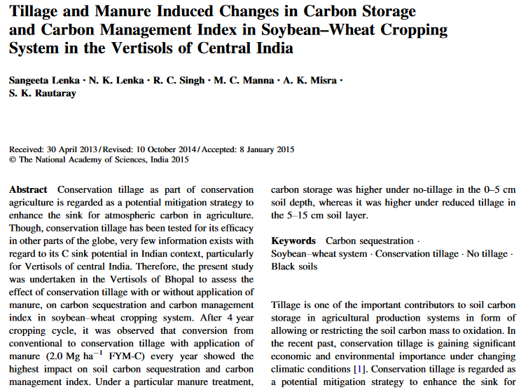 Tillage and Manure Induced Changes in Carbon Storage and Carbon Management Index in Soybean–Wheat Cropping System in the Vertisols of Central India-image