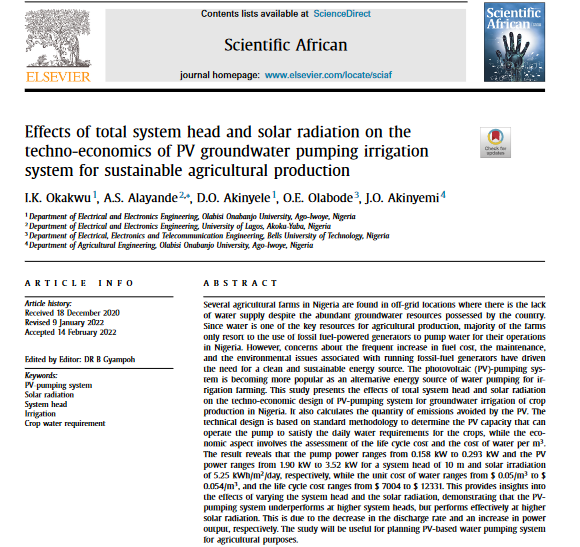 Effects of total system head and solar radiation on the techno-economics of PV groundwater pumping irrigation system for sustainable agricultural production-image