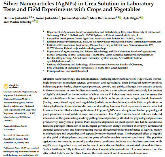 Silver Nanoparticles (AgNPs) in Urea Solution in Laboratory Tests and Field Experiments with Crops and Vegetables-image