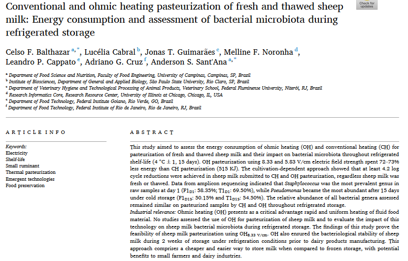 Conventional and ohmic heating pasteurization of fresh and thawed sheep milk: Energy consumption and assessment of bacterial microbiota during refrigerated storage-image