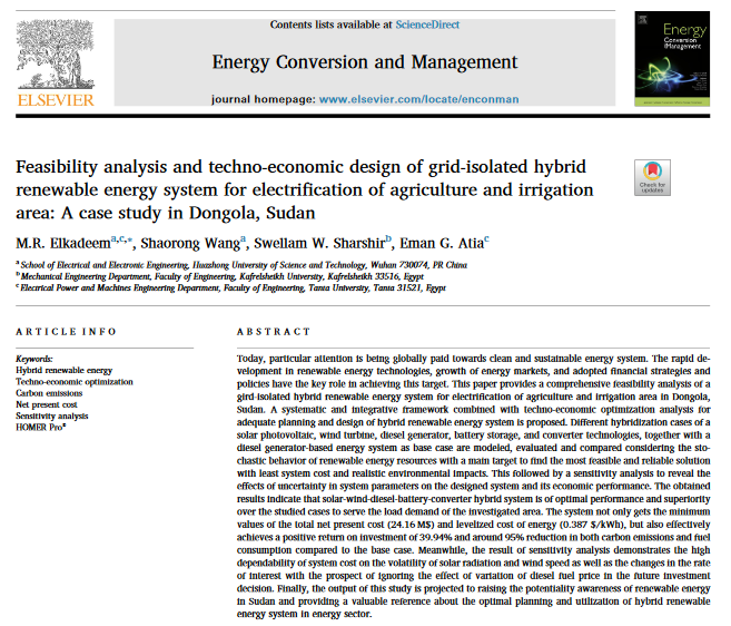 Analisi di fattibilità e progettazione tecnico-economica di un sistema di energia rinnovabile ibrido isolato dalla rete per l'elettrificazione dell'agricoltura e dell'area irrigua: un caso di studio a Dongola, in Sudan-image