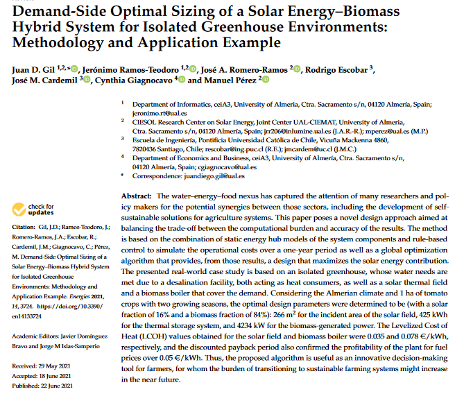 Demand-side optimal sizing of a solar energy–biomass hybrid system for isolated greenhouse environments: Methodology and application example-image