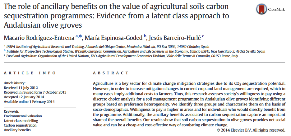 The role of ancillary benefits on the value of agricultural soils carbon sequestration programmes: Evidence from a latent class approach to Andalusian olive groves-image
