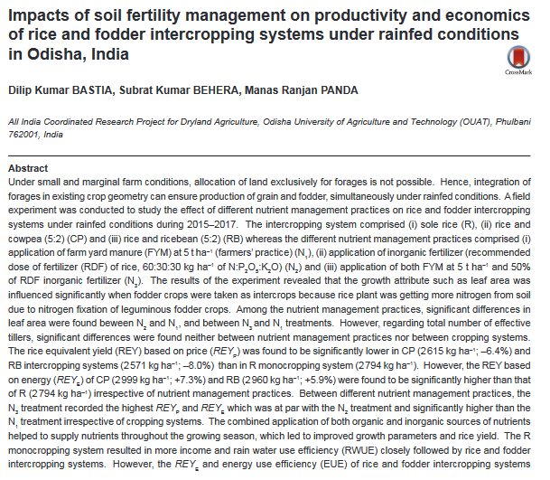 Impacts of soil fertility management on productivity and economics of rice and fodder intercropping systems under rainfed conditions in Odisha, India-image