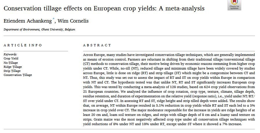 Conservation tillage effects on European crop yields: A meta-analysis-image