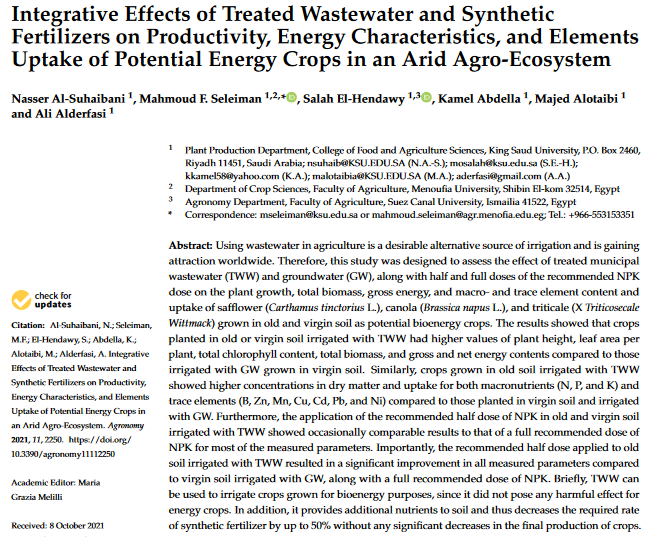 Integrative effects of treated wastewater and synthetic fertilizers on productivity, energy characteristics, and elements uptake of potential energy crops in an arid agro-ecosystem-image