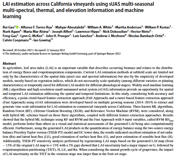 LAI estimation across California vineyards using sUAS multi-seasonal multi-spectral, thermal, and elevation information and machine learning-image