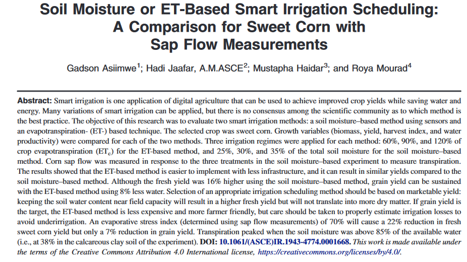 Soil Moisture or ET-Based Smart Irrigation Scheduling: A Comparison for Sweet Corn with Sap Flow Measurements-image
