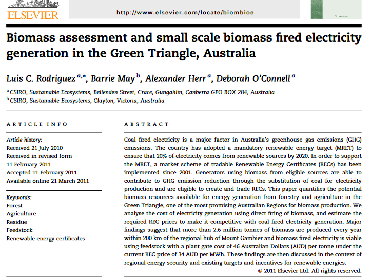 Biomass assessment and small scale biomass fired electricity generation in the Green Triangle, Australia-image