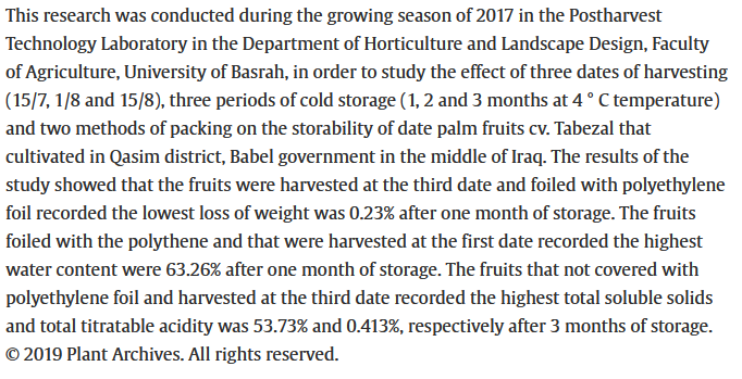 Effekt af høstdato, opbevaringsperiode og emballage på lagringsegenskaber for dadelpalme (Phoenix dactylifera L. Cv. Taberzal) frugter-image