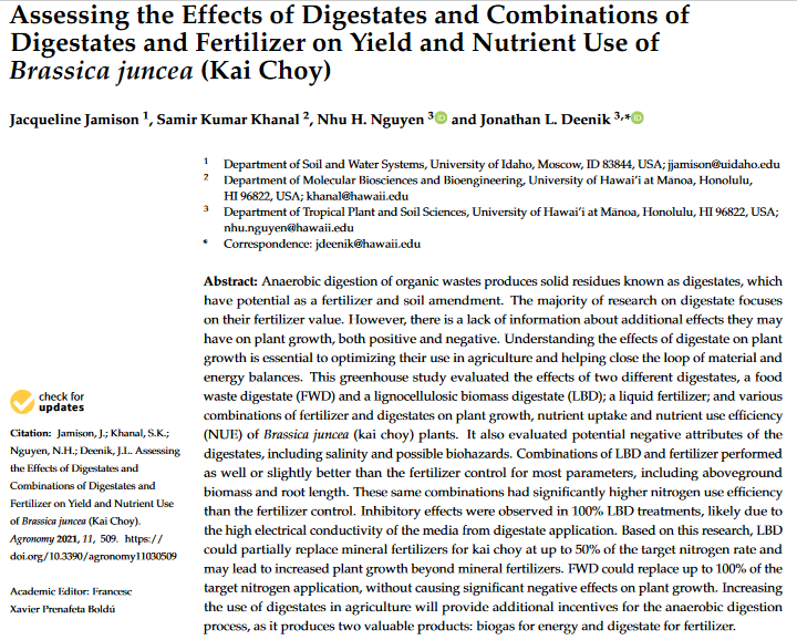 Assessing the effects of digestates and combinations of digestates and fertilizer on yield and nutrient use of brassica juncea (Kai choy)-image